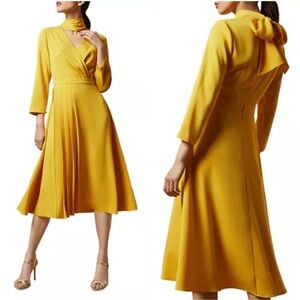 Ted Baker Yellow Jilliie tie neck drape mini Dress with Sleeves , TB size2.